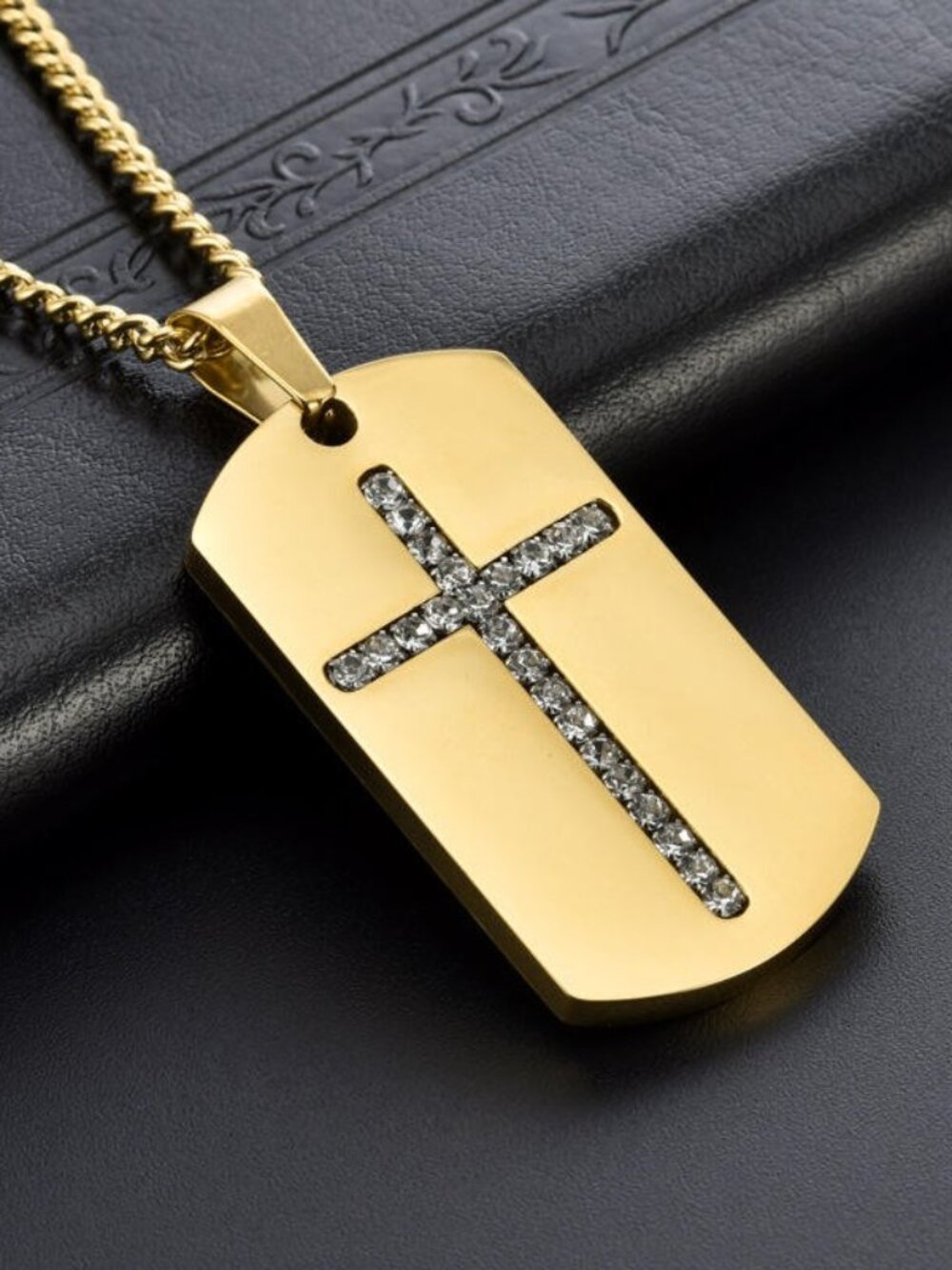 Gold Cross Pendant Necklace Men Christian Jesus Faith Religious Dog Tag